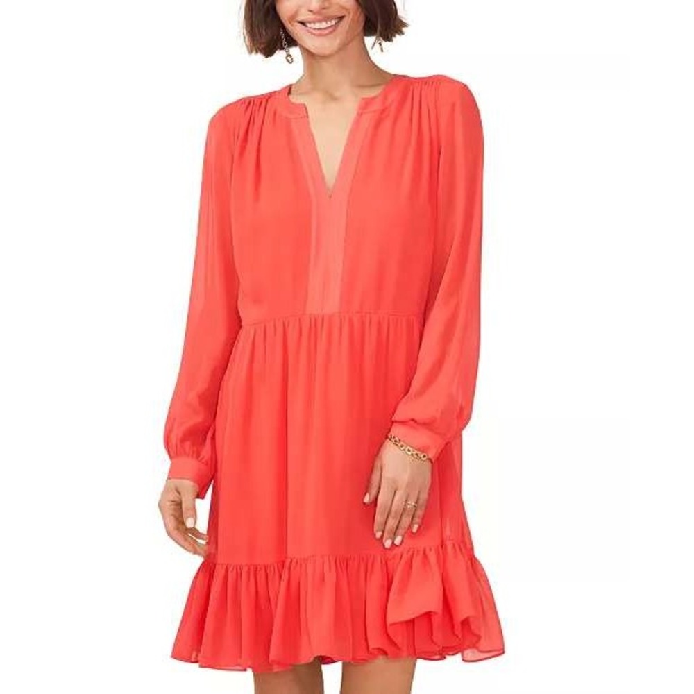 Vince Camuto Coral Tiered Babydoll Dress Split V-Neck Long Sleeve Mini Medium